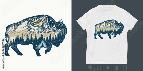 Buffalo bull. Print for t-shirts and another, trendy apparel design. Magic tribal bison double exposure animals. Travel symbol, adventure touri