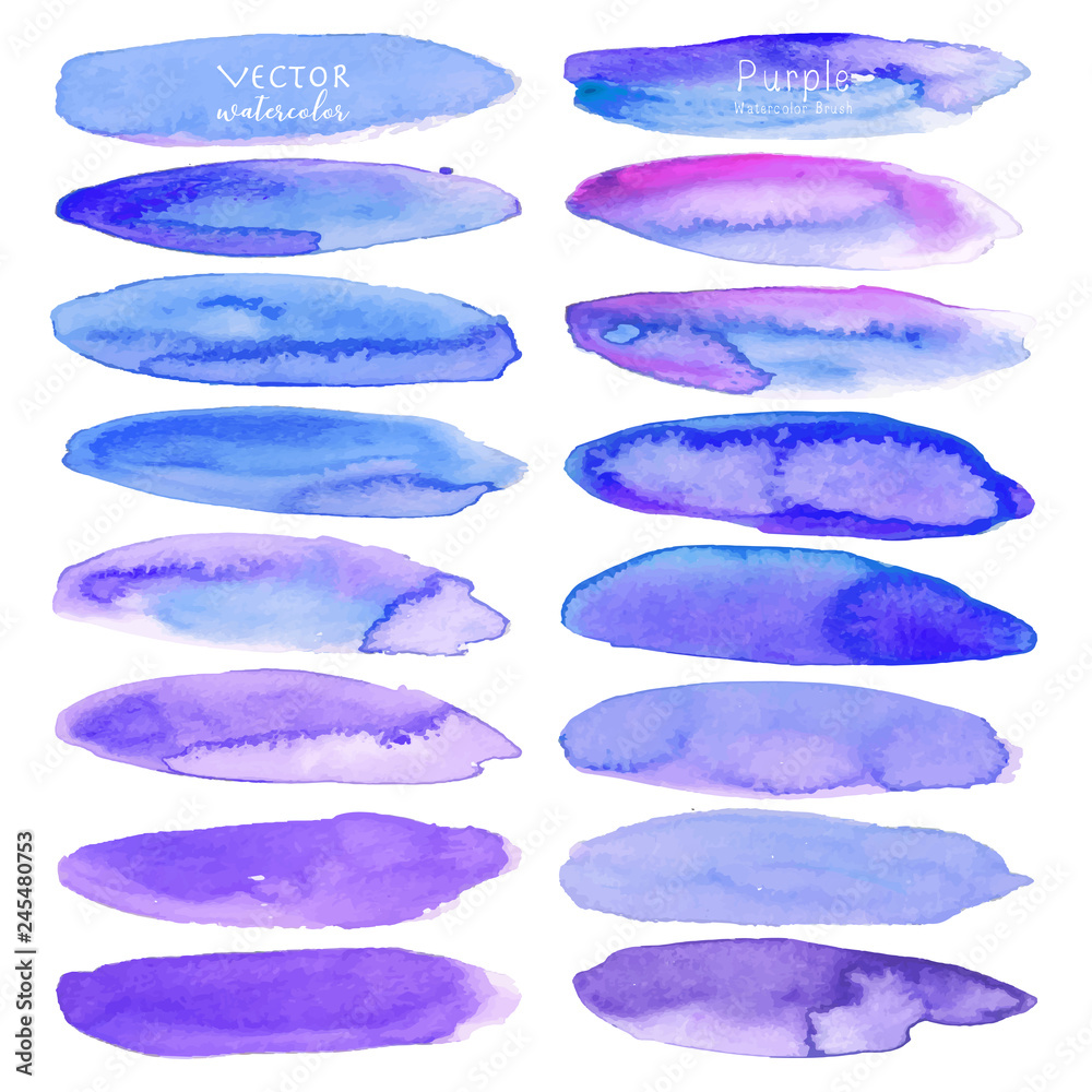 Set of purple watercolor on white background, Brush stroke watercolor, Vector illustration. Set of purple watercolor on white background, Brush stroke watercolor, Vector illustration.