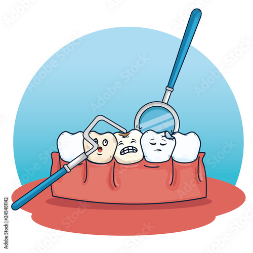 teeth care with excavador and mouth mirror equipment