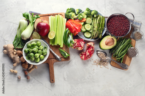 Vegetables, fruit, cereals, beans, superfoods for vegan, vegetarian, clean eating diet