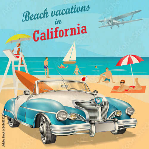 Beach vacation to California retro poster.