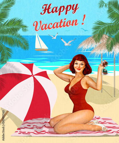 Vintage vacation background with pin-up girl on the beach. 