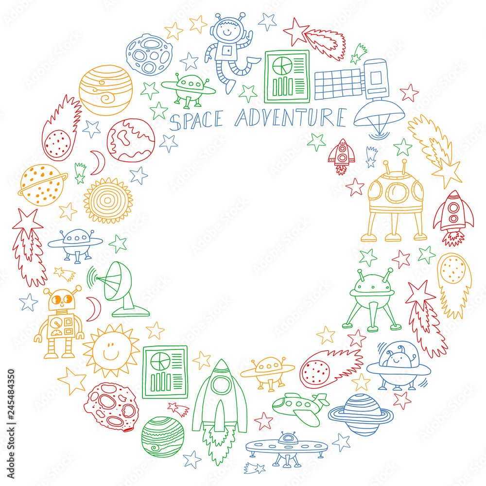 Vector set of space elements icons in doodle style. Painted, colorful, pictures on a piece of paper on white background.