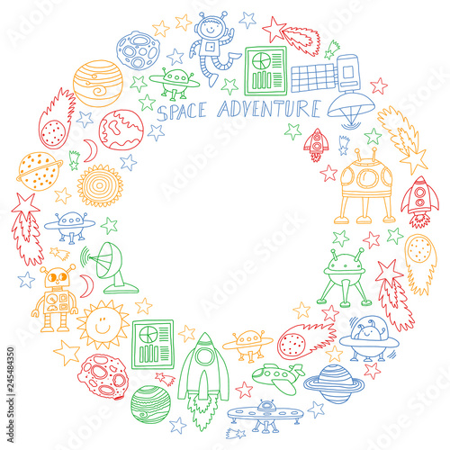 Vector set of space elements icons in doodle style. Painted  colorful  pictures on a piece of paper on white background.