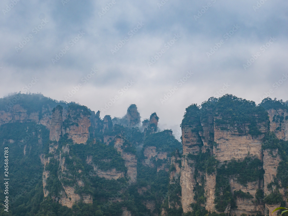 Beautiful mountain of Yuanjiajie or Avartar mountain at Zhangjiajie National Forest Park in Wulingyuan District Zhangjiajie City China in the Foggy day.