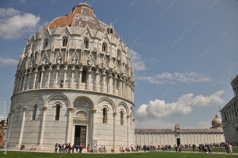 Baptistery of San Giovanni in Pisa. Historic building along the tower curve.