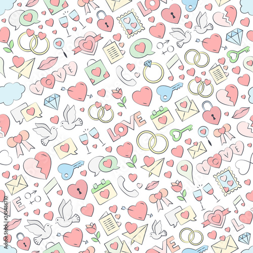 Hand drawn seamless love pattern vector illustration. Vector repeating texture for Valentine s Day - love symbols collection background filling with pastel colors. 