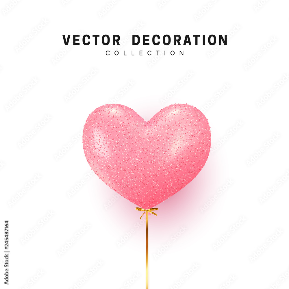 Balloon heart shape isolated on white background. Holiday element design realistic baloon with gold ribbon and bow