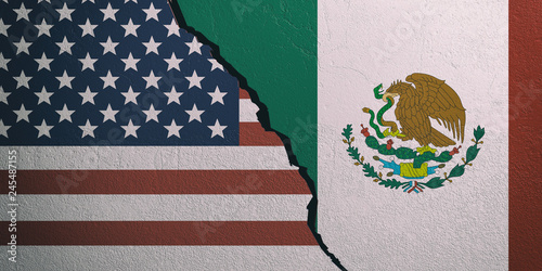 USA and Mexico flags on cracked wall background. 3d illustration photo