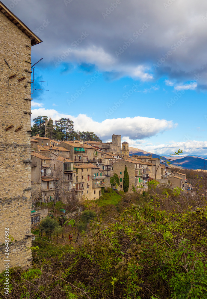 Fototapeta premium Orvinio (Italy) - A small and charming medieval village of only 387 inhabitants, inserted in the club of the most beautiful villages in Italy; province of Rieti. Here the historical center in stone.