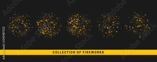 Golden light effect. Set festive gold fireworks isolated on black background.
