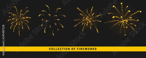 Golden light effect. Set festive gold fireworks isolated on black background.
