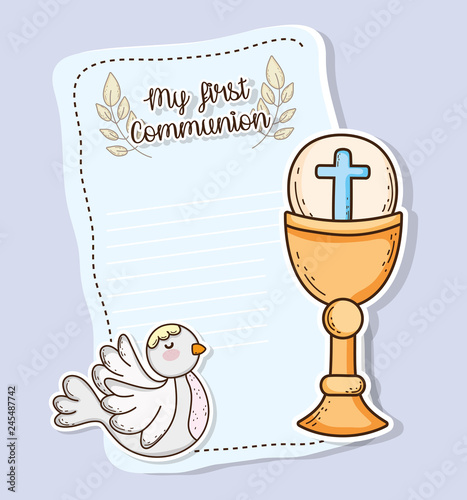 first communion card with host wafer and chaliz with dove