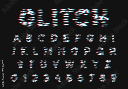 Glitch font. Digital alphabet letter. Trendy style lettering type