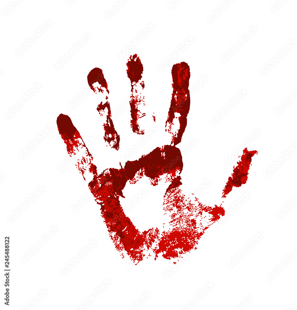 Hand in the red blood. Bloody handprint on white background Stock