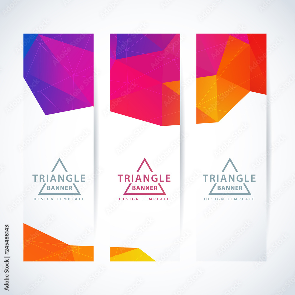 Vector vertical design template set of banner, header for website with colorful triangle geometric background