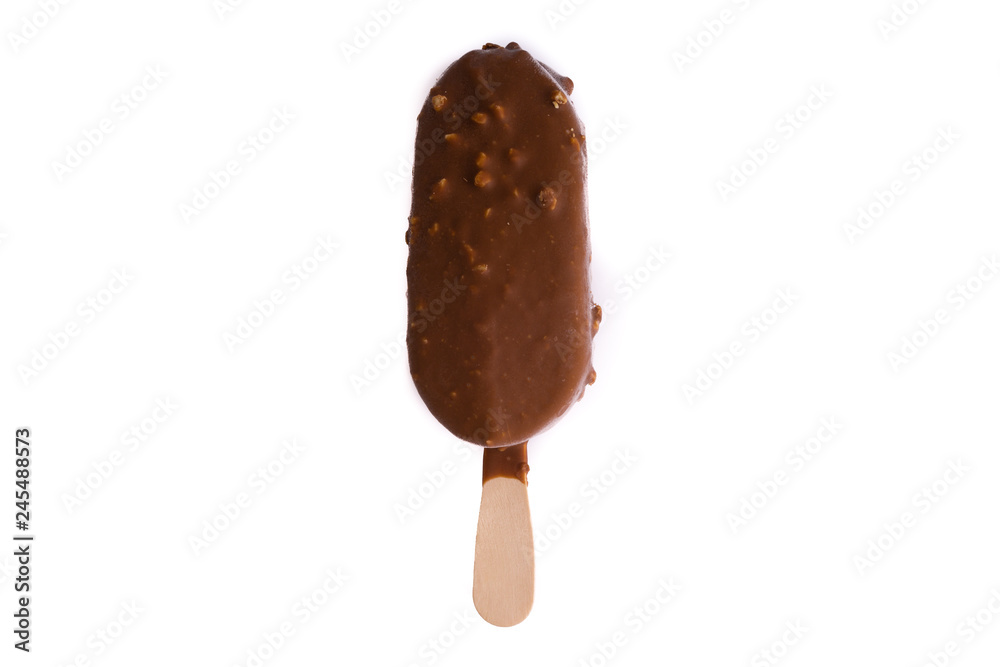 Chocolate popsicle Ice cream isolated on white background with selective focus and crop fragment Chocolate popsicle Ice cream isolated on white background with selective focus and crop fragment