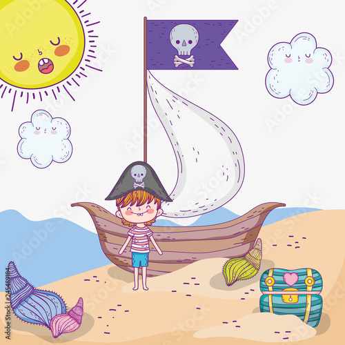 pirate boy with ship and coffer with sun
