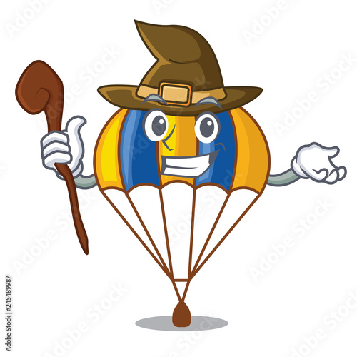 Witch flying parachute in the mascot sky