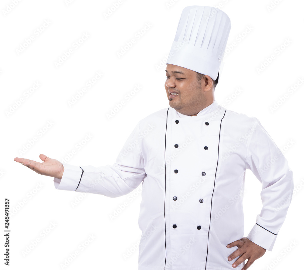 portrait of asian chef pose serves something with his hands portrait of asian chef pose serves something with his hands