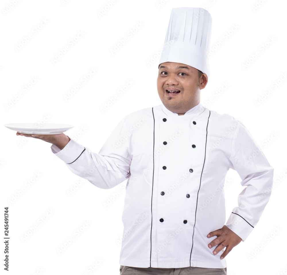 portrait of chef hold plate with hand while smile face portrait of chef hold plate with hand while smile face