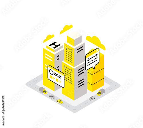 Smart city data infrastructure server isometric concept. Yellow, black and gray infographic icon