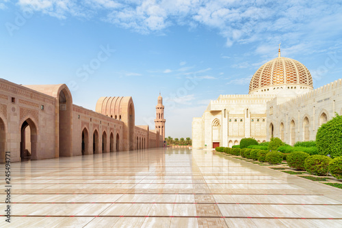 Deserted courtyard of the Sultan Qaboos Grand Mosque in Oman