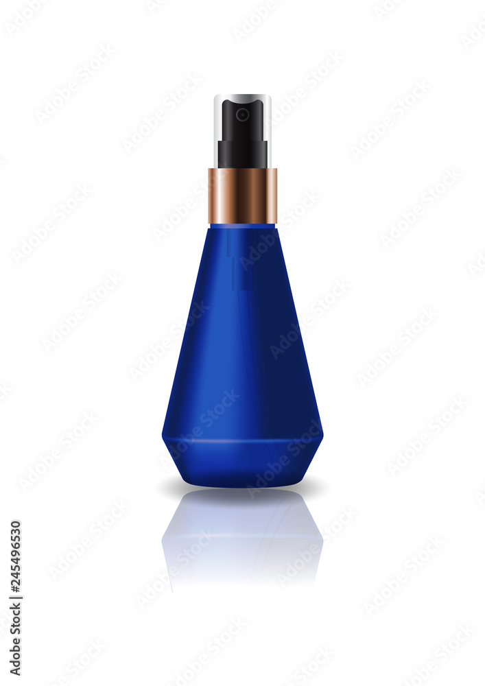 Blank blue cone shape cosmetic bottle with pressed spray head for beauty or healthy product. Isolated on white background with reflection shadow. Ready to use for package design. Vector illustration. Blank blue cone shape cosmetic bottle with pressed spray head for beauty or healthy product. Isolated on white background with reflection shadow. Ready to use for package design. Vector illustration.