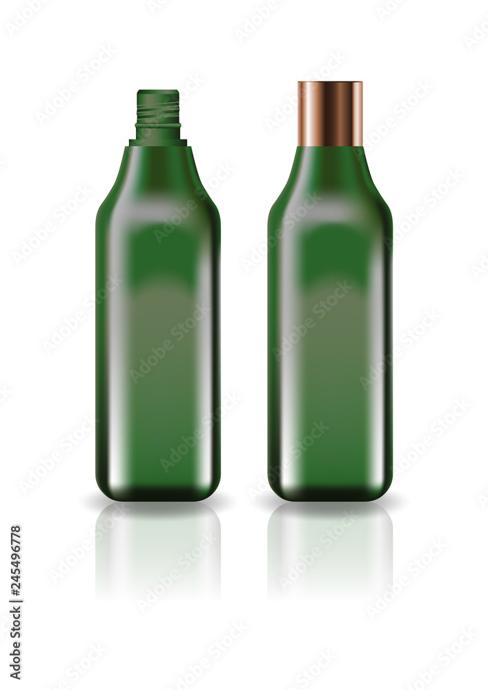 Blank green cosmetic square bottle with screw lid for beauty or healthy product. Isolated on white background with reflection shadow. Ready to use for package design. Vector illustration. Blank green cosmetic square bottle with screw lid for beauty or healthy product. Isolated on white background with reflection shadow. Ready to use for package design. Vector illustration.