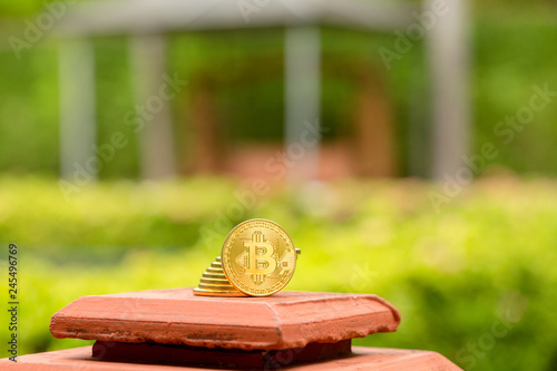 gold coin, silver coin, on a green, blue, black background. cryptocurrency. photo