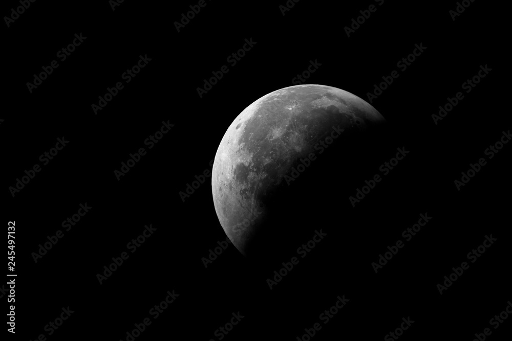 Big Moon in eclipse day 2018,with craters details and also the shadow, taken with large newtonian telescope in black background. Big Moon in eclipse day 2018,with craters details and also the shadow, taken with large newtonian telescope in black background.