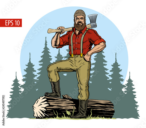 Lumberjack with axe and downed log, forest background. Vector illustration photo