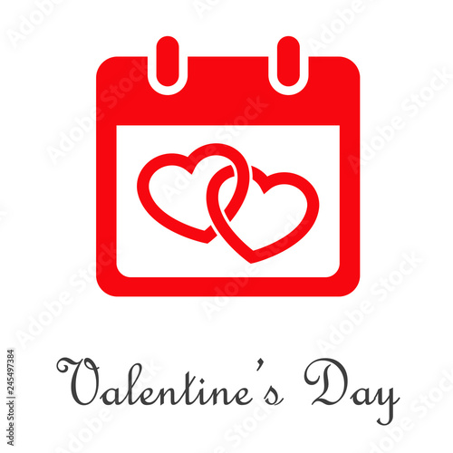 Logotipo abstracto con texto Valentine's Day con calendario con 2 corazones entrelazados en rojo