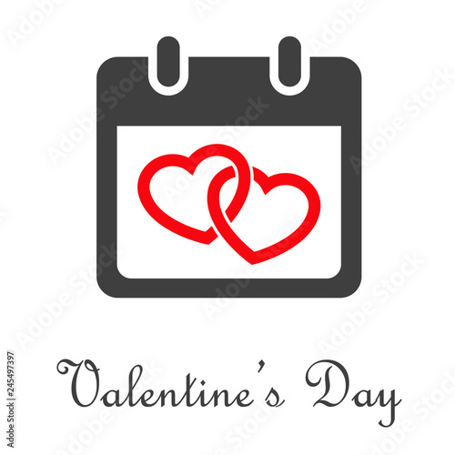 Logotipo abstracto con texto Valentine's Day con calendario gris con 2 corazones entrelazados en rojo