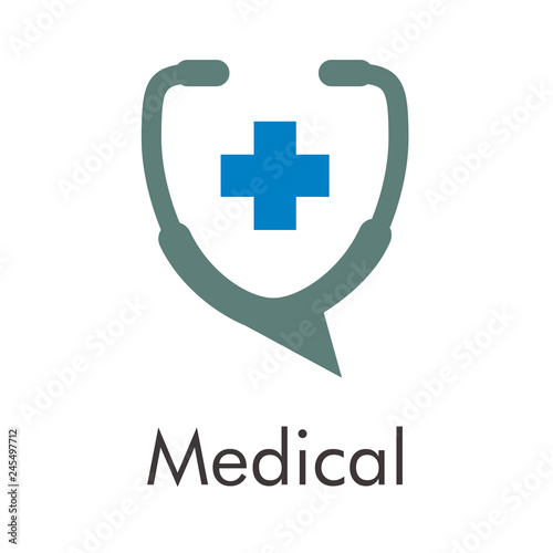 Logotipo abstracto con texto Medical con estetoscopio gris y cruz azul