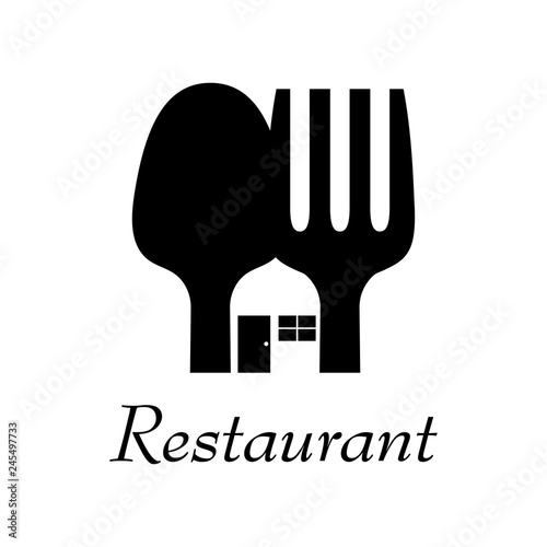 Logotipo con texto Restaurant con cubiertos como vivienda en color negro