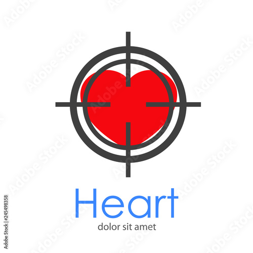 Logotipo abstracto con texto Heart con corazón rojo con icono de puntería gris