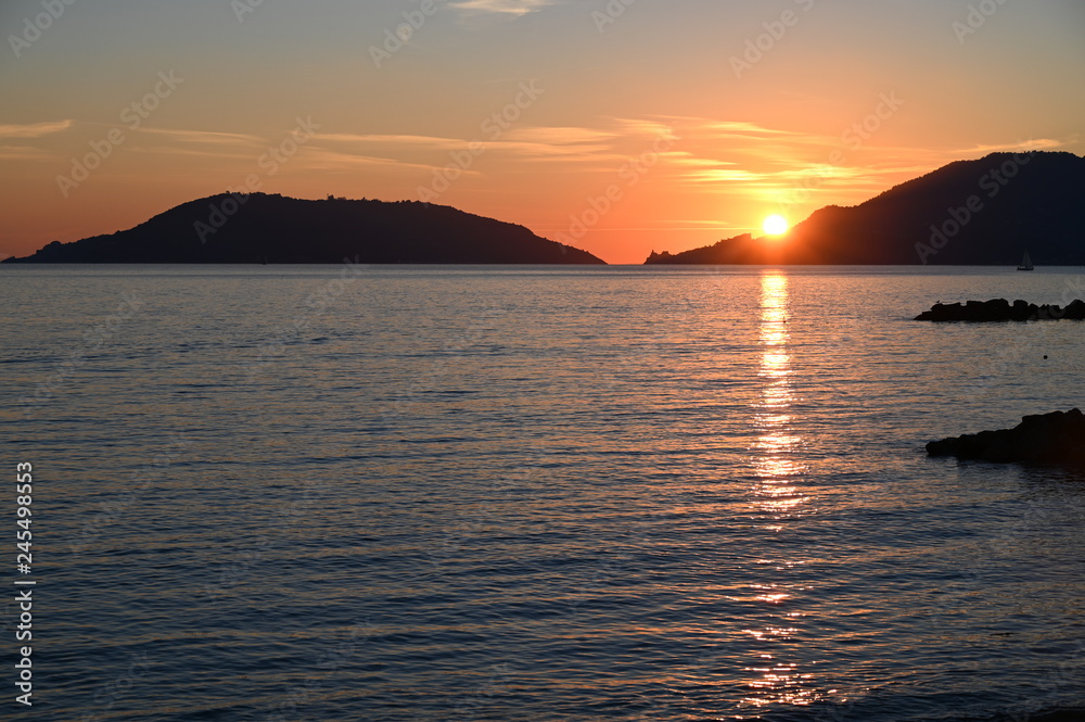 sunset in the Gulf of La Spezia, Liguria, Italy