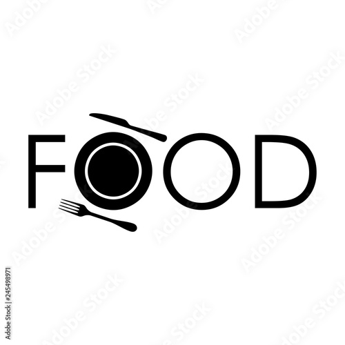 Logotipo con texto FOOD con icono de plato y cubiertos en color negro