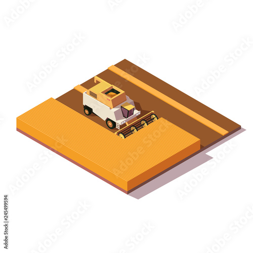 Harvesting combine on the wheat field. Low poly isometric vector illustration