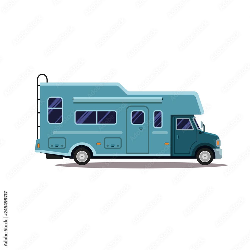 Camping trailer family caravan. Traveler truck camper outline icon in thin line design. Vector flat vacation RV illustration isolated on white background