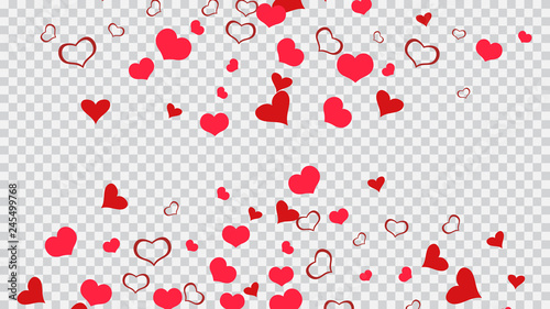 Red on Transparent fond Vector. Light background. A sample of wallpaper design, textiles, packaging, printing, holiday invitation for wedding. Red hearts of confetti are flying.