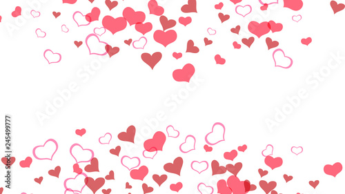 Red hearts of confetti are falling. A sample of wallpaper design, textiles, packaging, printing, holiday invitation for Valentine's Day. Light background. Red on White fond Vector.