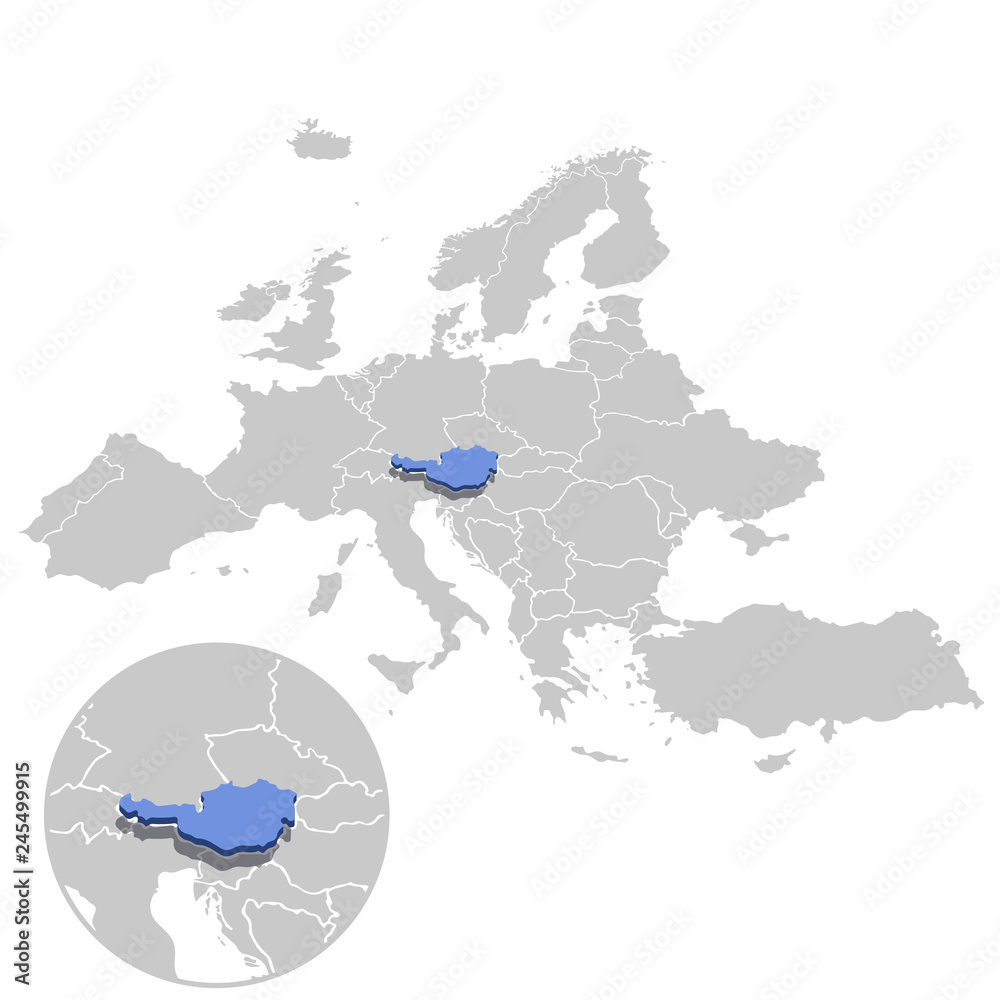 Fototapeta Ilustracja wektorowa Austrii w kolorze niebieskim na szarym modelu mapy Europy z powiększającą repliką kraju.