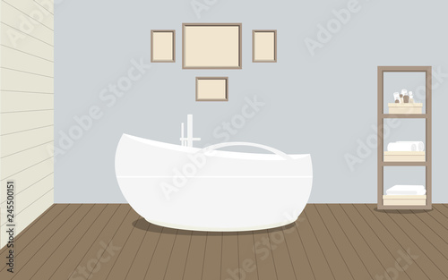 Provencal style bathroom with a fashionable bath with handle, a rack for towels and cosmetics, paintings on the wall. Wooden planks on the floor and a light blue wall. Vector illustration