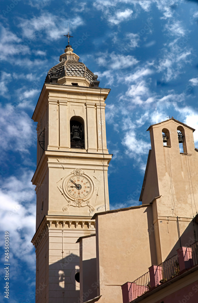 Old bell tower. The church of St. Giacomo and St. Filippo. City of Taggia, Italy