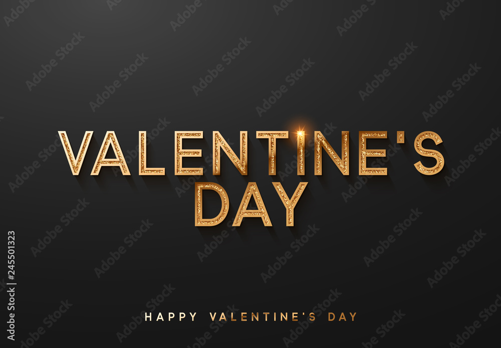 Obraz premium Valentines day. Sale banner, poster, logo golden color on dark background. Bright glitters gold font text