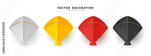 Realistic kite flying in different colors isolated on white background