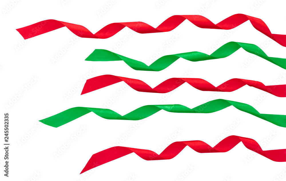Obraz premium Red Green bow ribbon satin curly on white isolate background with clipping path concept for Christmas decoration gift element, Easter day greeting card, wedding present wrap collection