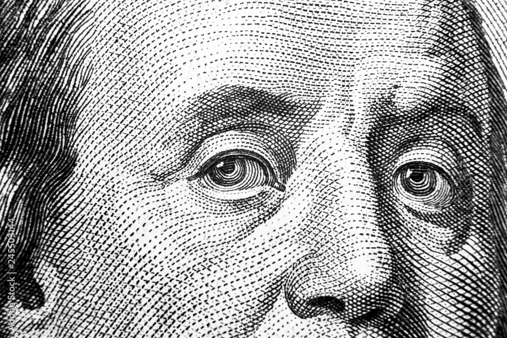 Close up view Portrait of Benjamin Franklin on the one hundred dollar